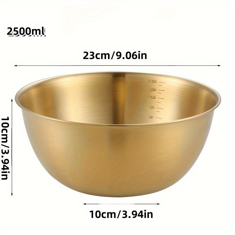 A durable stainless steel salad bowl with scale, oven safe and with brushed metal finish, suitable for home and school use.