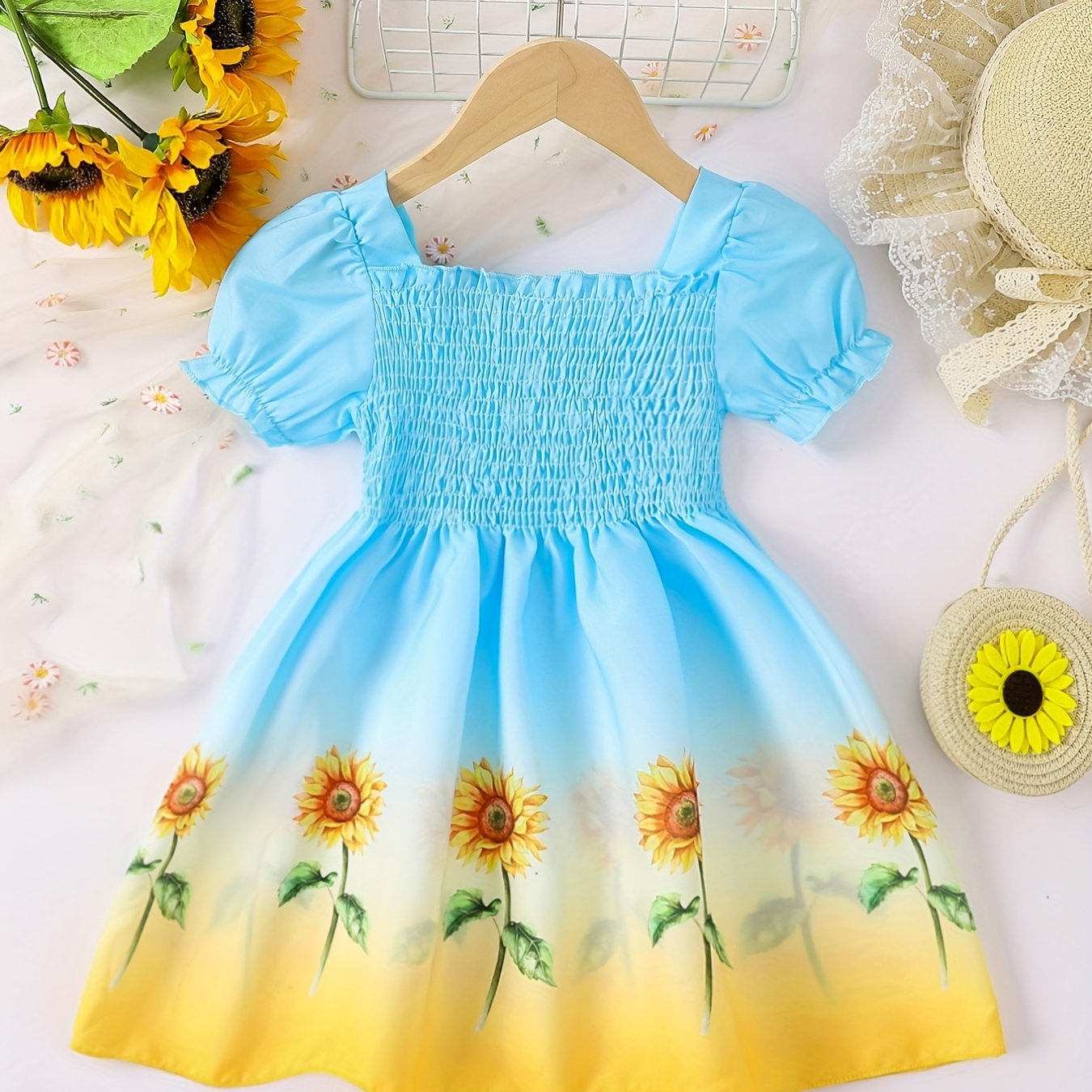 Girls Ombre Sunflower Pattern Princess Dress for Kids Casual Summer 4th Of July.