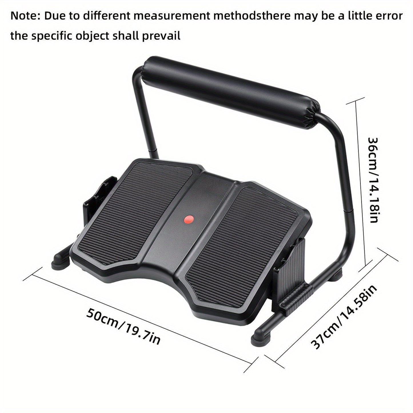 Adjustable ergonomic footrest stool for office use, non-electric, black plastic material.