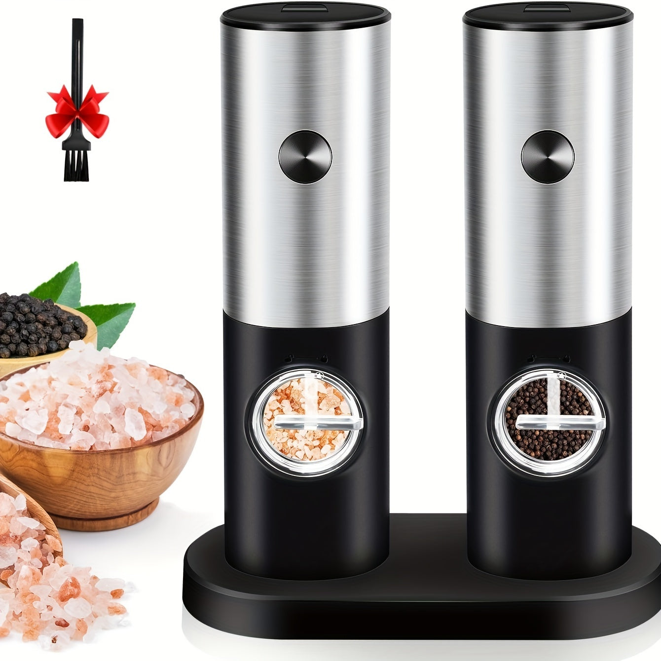 Set of 2 stainless steel electric salt and pepper mills with holder. These automatic mini smart grinders have adjustable coarseness and are battery operated (AAA). Requires 4 batteries (not included).