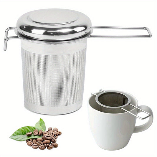 Tea infuser made of durable stainless steel for loose leaf tea, with lid and handle for convenient use at home, office, restaurant, or hotel. Features micropore metal strainer basket.