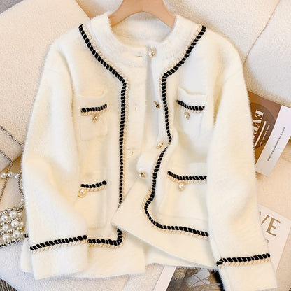 New European and American autumn/winter elegant small fragrance color-matching button-opening knitted sweater jacket.