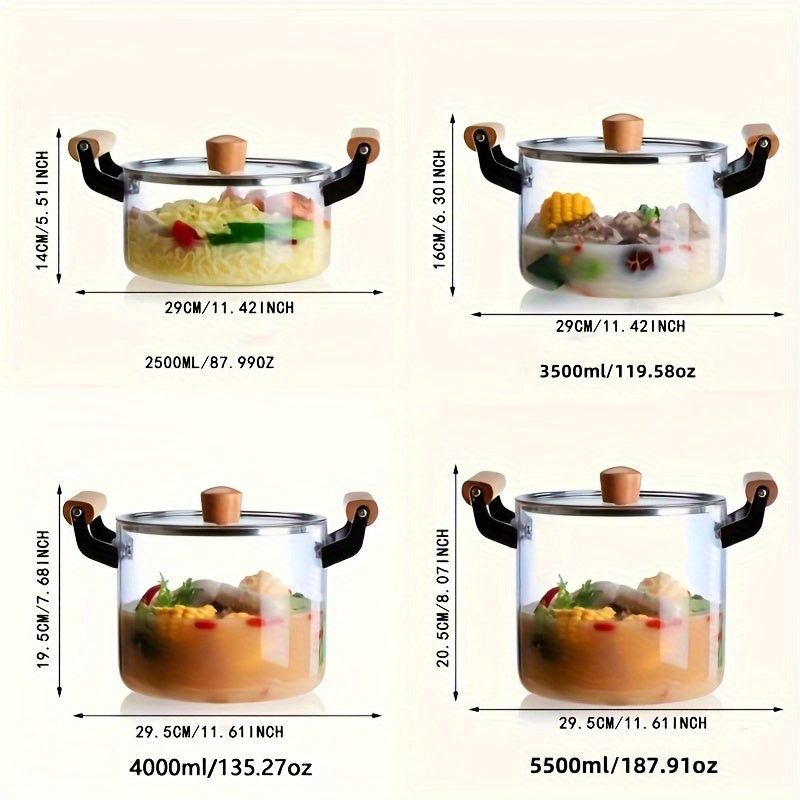 Transparent Soup Pot with Lid and Dual Wooden Handles for Easy Cleaning - Made of Durable High Borosilicate Glass, Perfect for Everyday Kitchen Use.