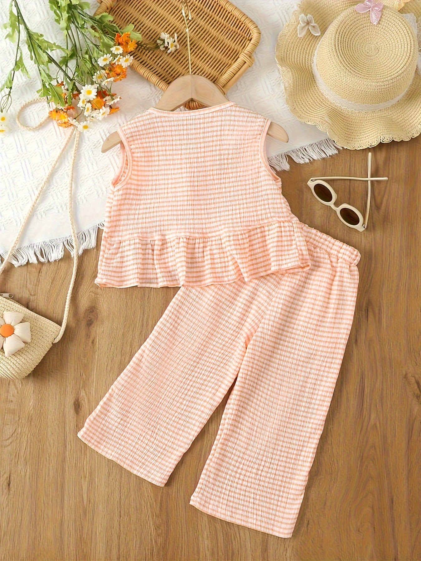 Summer plaid pants set for girls with V-neck top and wide-legged pants, made of polyester knit fabric. Features elastic waist and loose fit, perfect for outdoor activities.