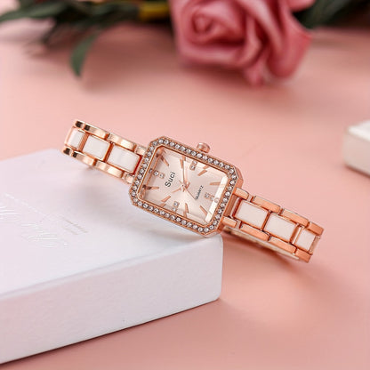 Chic square crystal luxury women's watch with minimalist design, quartz movement, zinc alloy strap, ideal Ramadan gift.