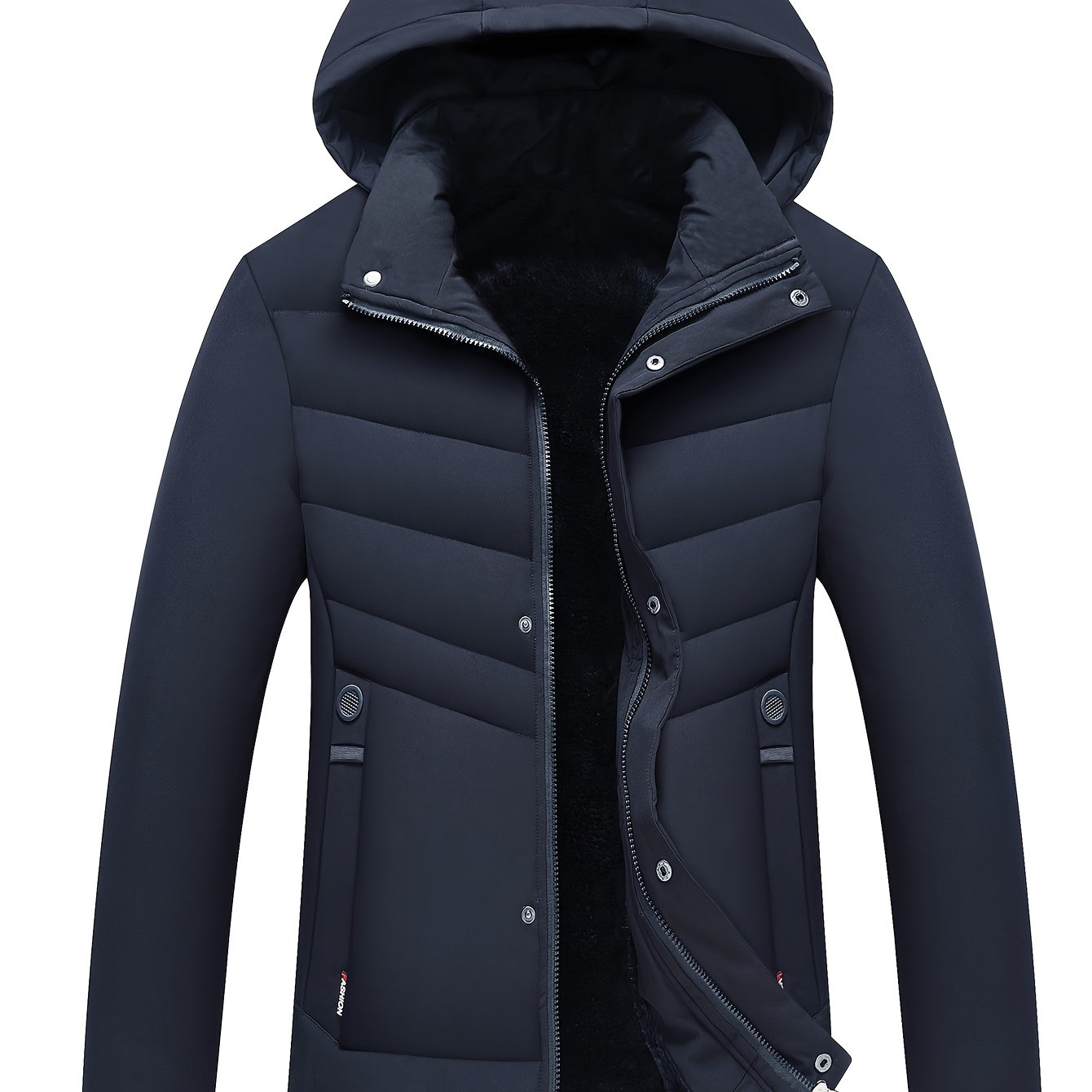 Men's navy blue fleece-lined mid-length jacket with a loose fit, zip-up hood, and pockets for fall/winter.