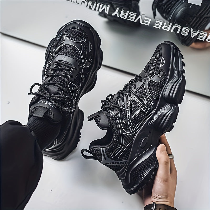 Men's Black Chunky Sneakers with Breathable Mesh, Durable TPU Sole, Shock-Absorbing EVA Insole for Casual and Athletic Wear.