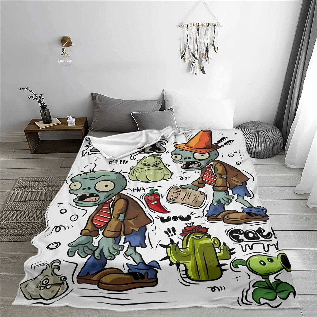 Soft, warm, and cozy flannel throw blanket featuring a versatile plant and zombie design - ideal for couches, beds, offices, and travel. Makes a perfect gift idea.