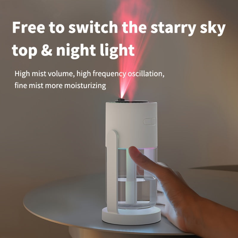 1pc USB-powered ultrasonic humidifier aromatherapy diffuser with 280mL capacity, starry sky projector top, and dual spray patterns. Small size suitable for home, office, or travel.