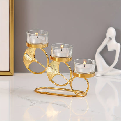 Ginkgo leaf candle holder with three golden cups, perfect for creating a romantic atmosphere at anniversaries, birthdays, dates, weddings, and living room table decor. Ideal for birthday candles.