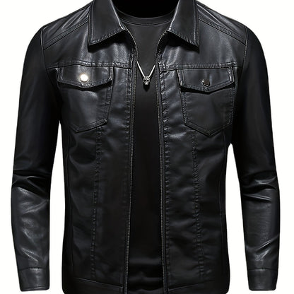 Men's PU Leather Jacket with Pockets, Stylish Zip Up for Autumn & Winter