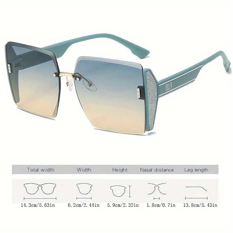 Oversized gradient lens glasses for casual outdoor activities, unisex design with rimless plastic frame and resin lenses, ideal for hiking and beach trips.