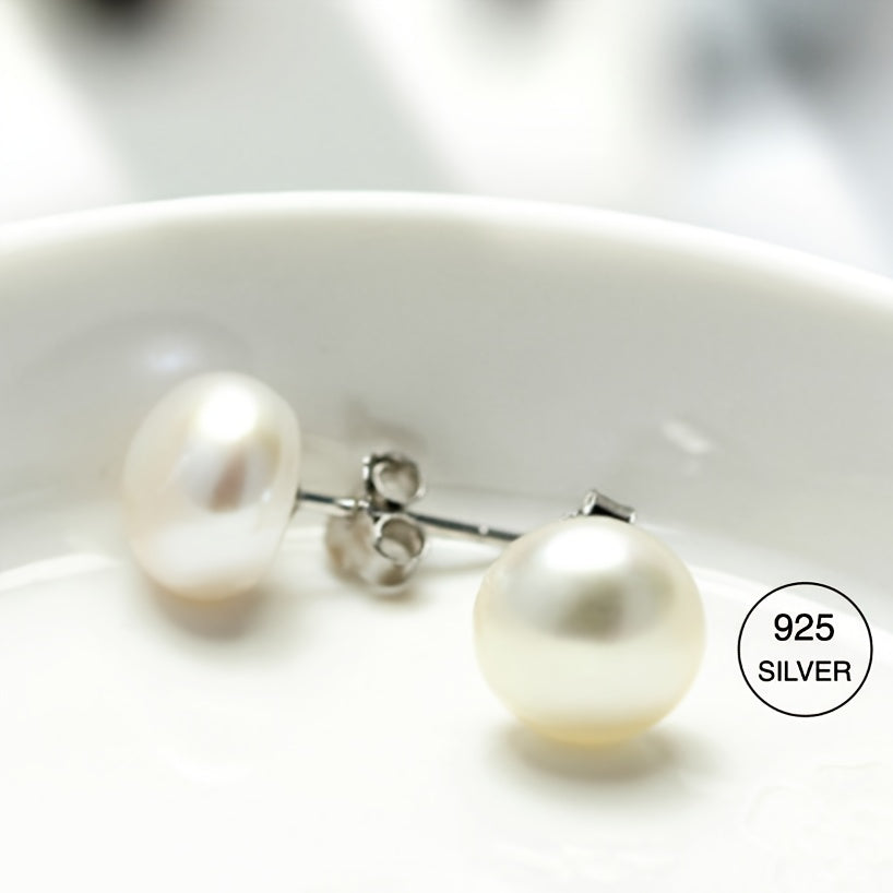 S925 Silver Stud Earrings with Natural Freshwater Pearls - Elegant and Versatile Flat Round Pearl Studs for Daily Wear or Special Occasions