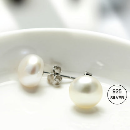 S925 Silver Stud Earrings with Natural Freshwater Pearls - Elegant and Versatile Flat Round Pearl Studs for Daily Wear or Special Occasions