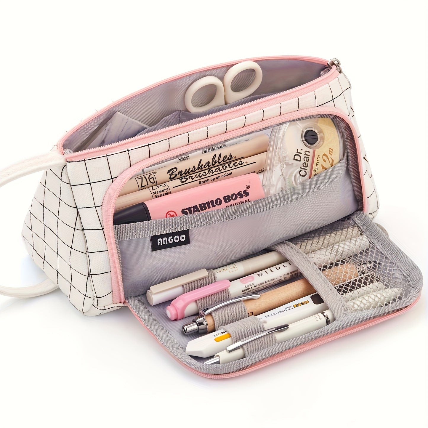 Spacious three-layer pencil case with pink & white checkered design, made of durable twill fabric. Great organizer for school supplies, perfect for girls.