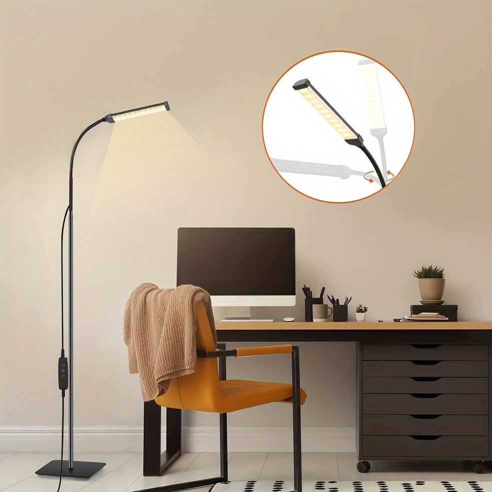 Dimmable floor lamp with 120 LEDs, 3 color modes, and 10 brightness settings. Compatible with 5V/2A adapter. Features flexible gooseneck for use in living rooms, bedrooms, and offices.