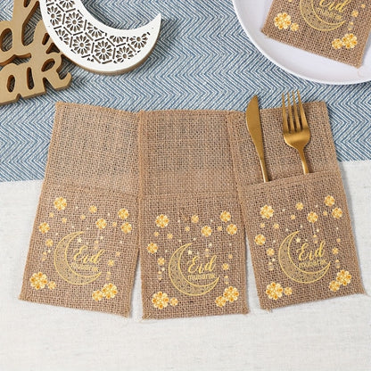 5 Eid Mubarak Burlap Gift Bags with Moon, Lantern & Star Designs for Ramadan Kareem Party Supplies and Islamic Muslim Home Decor. Made of Durable Linen Material with an Elegant Burlap