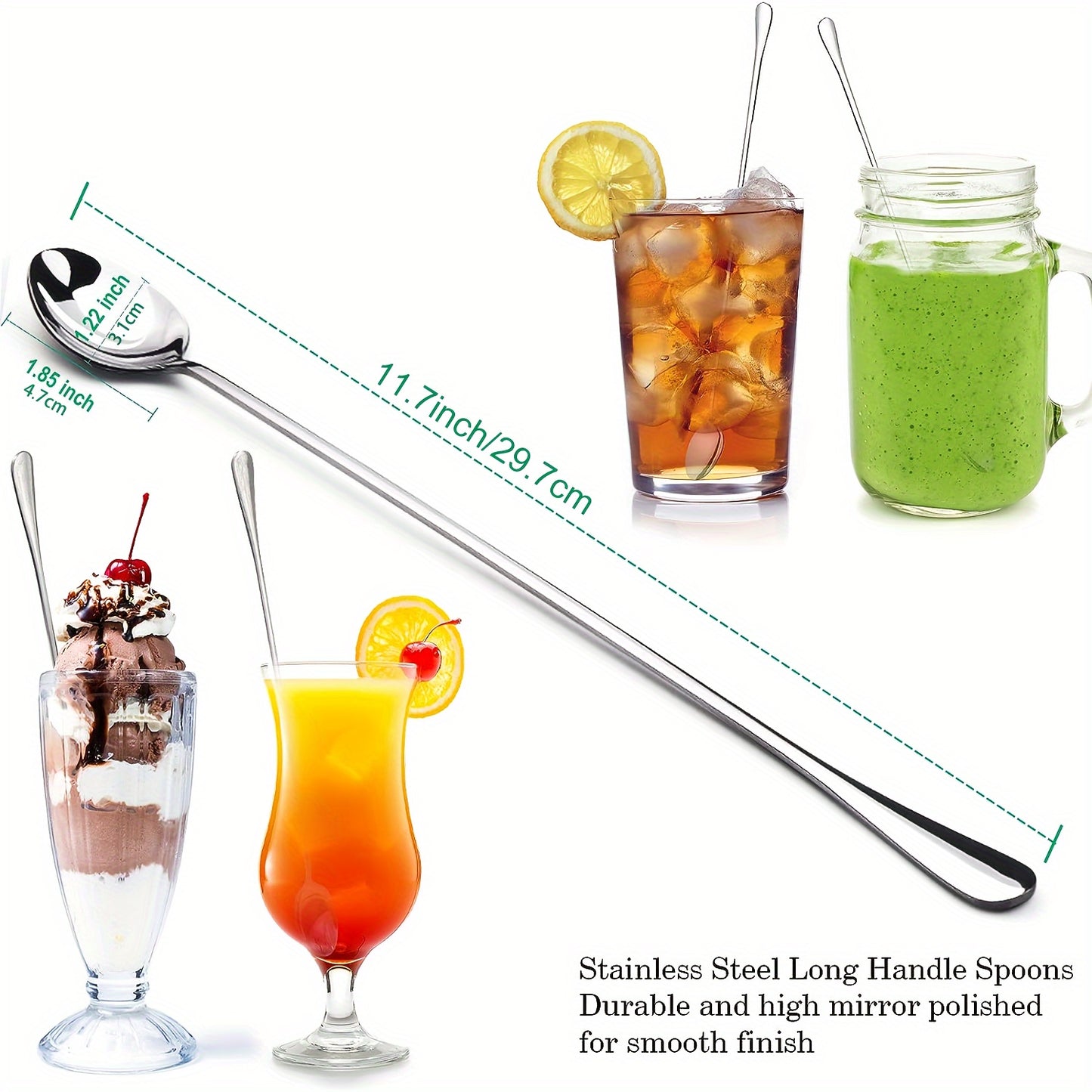 Set of 2 long-handled stainless steel iced tea spoons, perfect for stirring drinks in various settings. Dishwasher safe with a mirror finish.