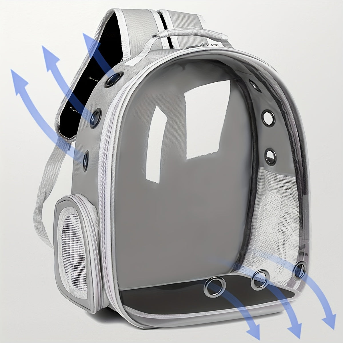 See-through PVC cat carrier backpack with breathable space capsule design and zipper closure for comfort and portability.