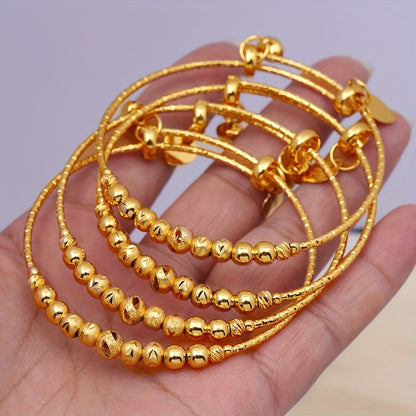 Set of 2 Timeless Adjustable Bangles in 24k Gold Plating with Beaded Details, Inspired by Middle Eastern Style, Perfect for Women's Bridal Wedding Attire, Affordable Alternative to Luxury Jewelry