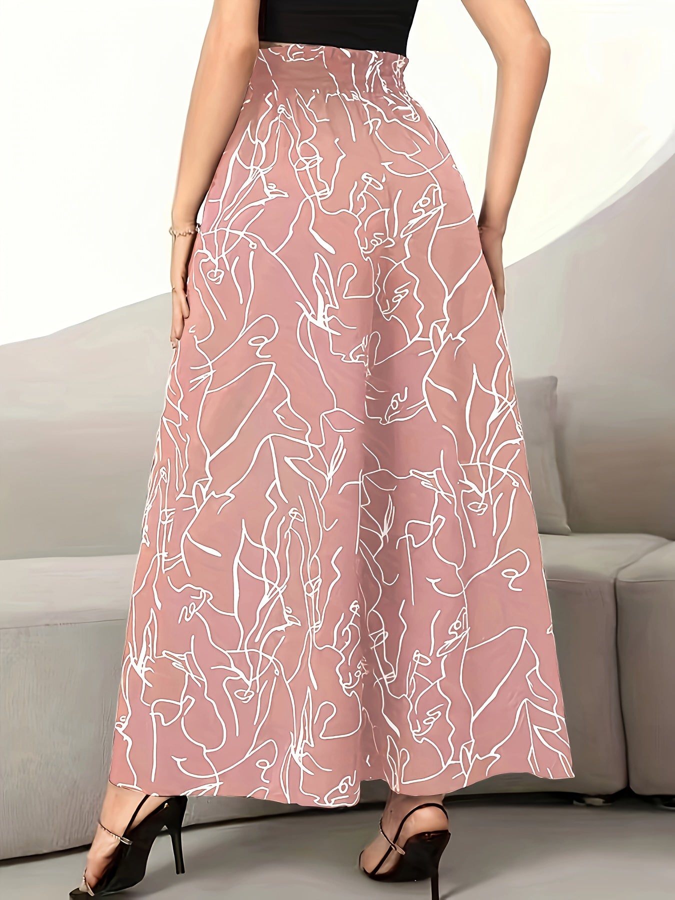 Women's Elegant Brown and White Floral Print Wide-Leg Pants with Ruffle Detail - High Waist, Machine Washable, Perfect for Spring/Fall Fashion, Glossy Texture, Spring Fashion Pants