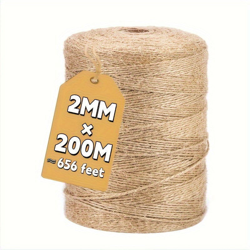 Durable 656-foot jute rope, 2mm thick, perfect for crafts, gardening, gift wrapping, and artistic decorations.