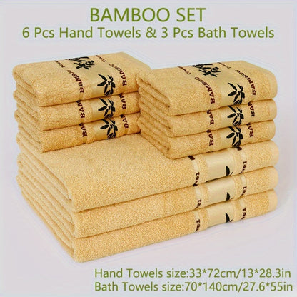 Bamboo Bliss 9 dona sochiq to'plami - 70% bambuk tolasi, 30% paxta, yumshoq va tez quriydigan, 6 ta qo'l sochiq va 3 ta hammom sochiqni o'z ichiga oladi, tikilgan, hammom va sport zaliga mo'ljallangan, yuvish matolari.