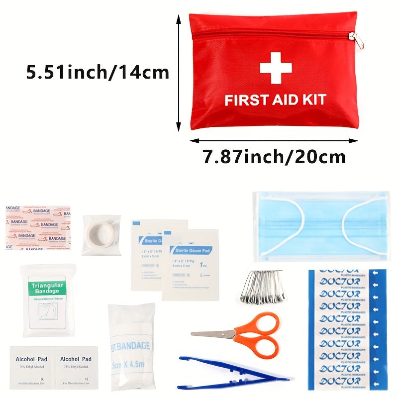 Compact and durable first aid kit, perfect for home, car, camping, and hiking, includes scissors, tweezers, and essential emergency supplies for school, adventure, and disaster response.