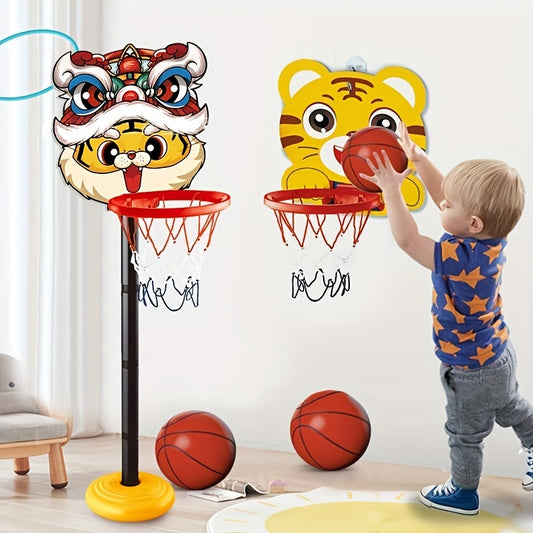 Family fun animal-themed basketball hoop set with ball for young children, ideal birthday gift for indoor/outdoor sports.