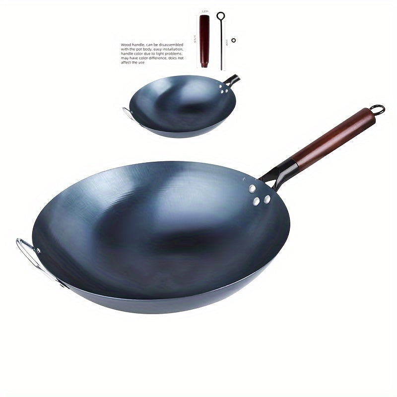 Hand-Forged Non-Stick Cast Iron Wok with Detachable Wooden Handle - 32.0cm Size, Ideal for Gas Stoves and Essential for Home Kitchen Use