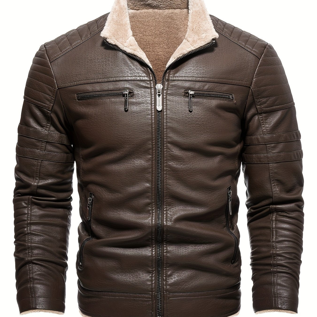 Men's Retro PU Biker Jacket with Fleece Lining for Fall/Winter