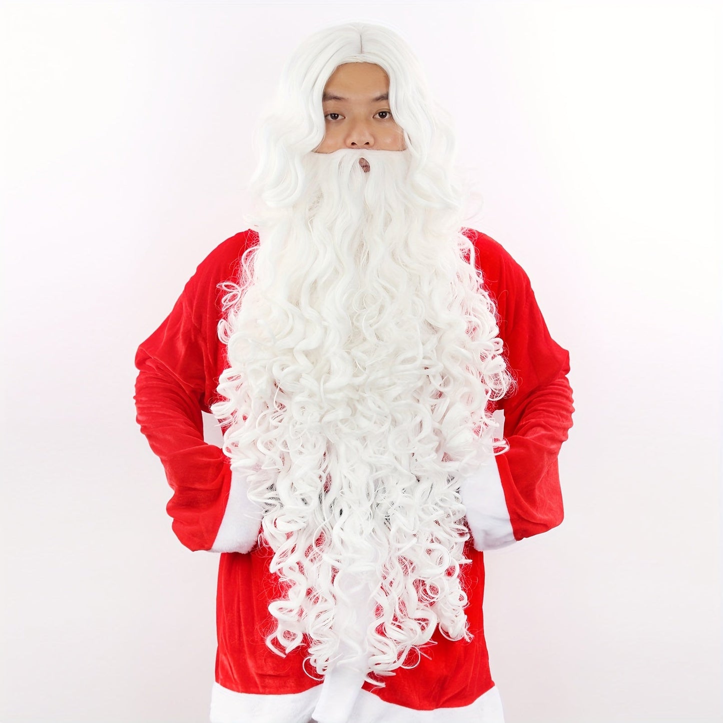 Santa Claus Beard Wig, Men's Costume Accessory, Made of Polyester, Features Funky Curly Style, Color: White, Can be Machine Washed and is Heat Resistant