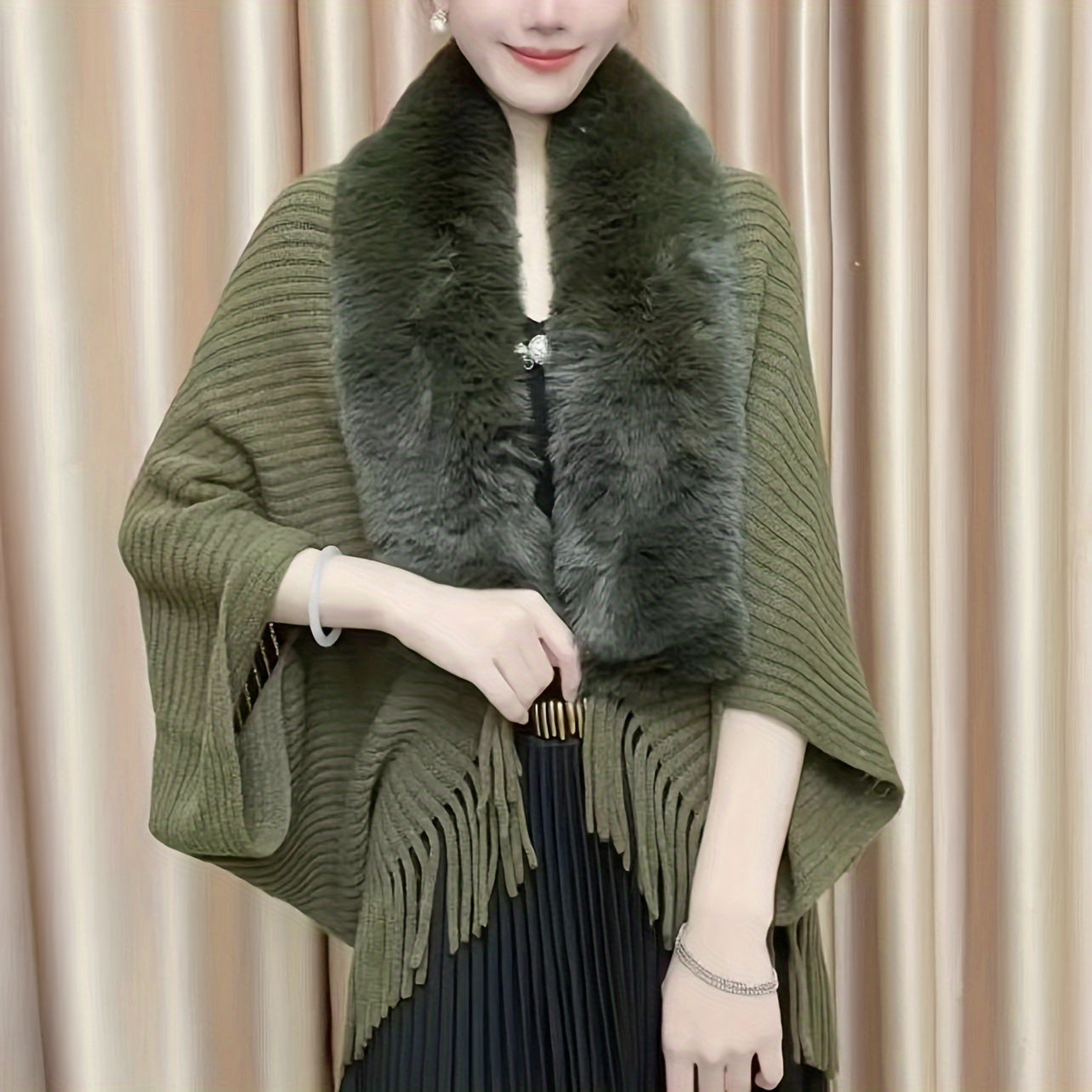 Stylish acrylic shawl wrap with faux fur collar, batwing sleeves, warm knit, machine washable.