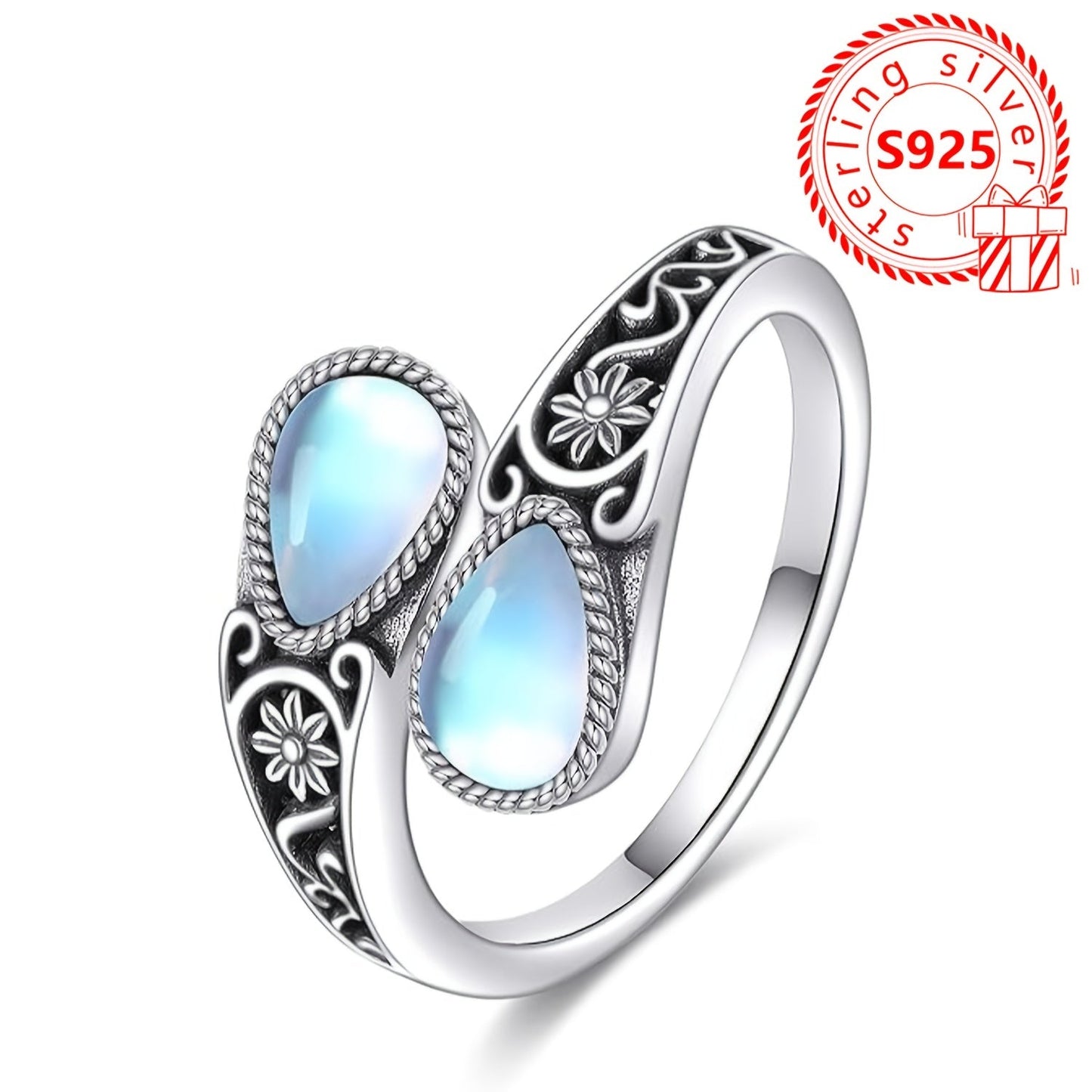 This ring features a moonstone set in an S925 pure silver spoon-shaped setting, weighing 3.6g and free of nickel. It has a hypoallergenic, vintage-inspired design with a Victoria retro style and is adjustable to fit the thumb. Perfect for a bohemian