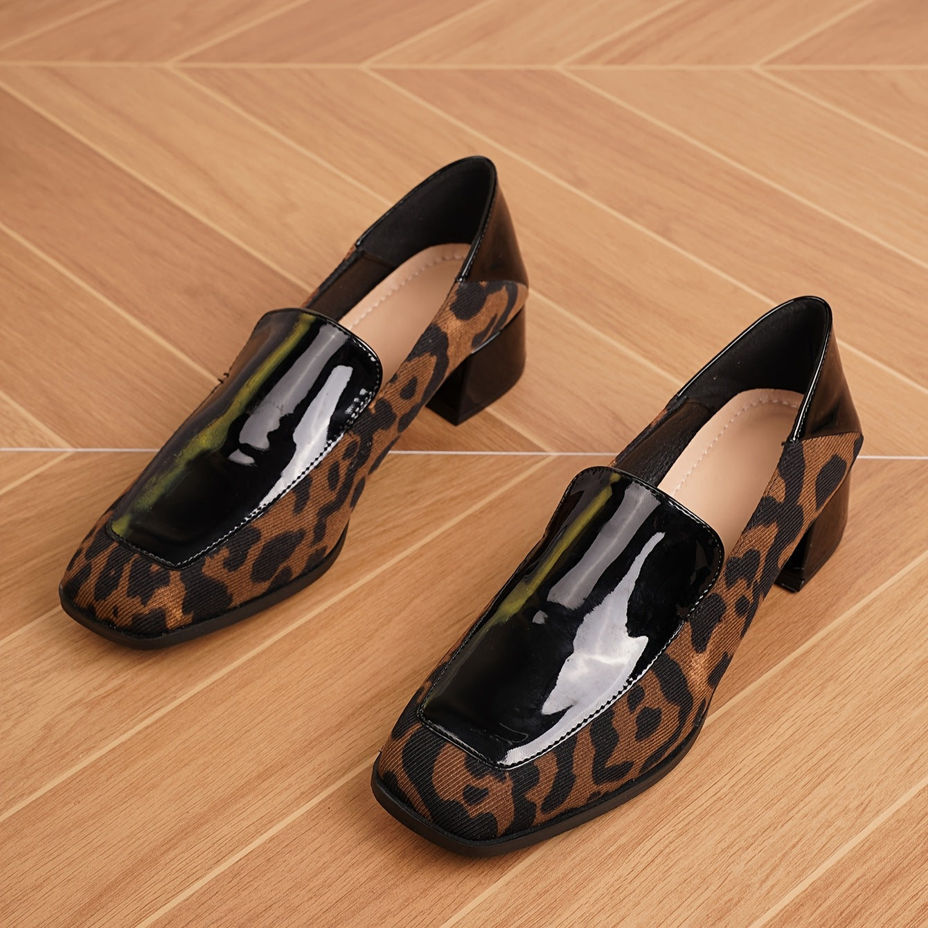 Stylish square toe loafers for women with chunky heel, versatile design, faux and fabric upper, synthetic lining, and TPU sole.