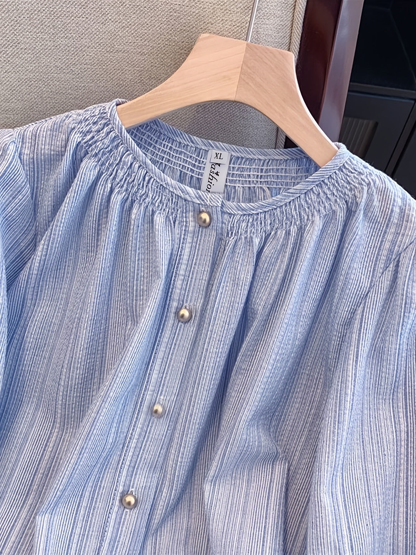 Vintage Striped Long Sleeve Blouse for Women in Light Blue with Ruffled Cuff and Button-Up Half Placket. Made from Polyester with a Flowing Fit, Perfect for Spring/Fall. Japanese-inspired