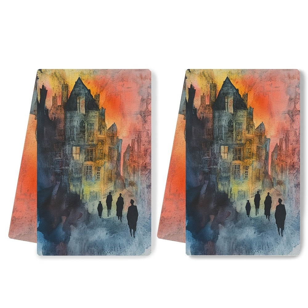 Two pieces of artistic sunset townscape kitchen towels that are ultra soft and highly absorbent. Made of polyester, these dish hand towels are machine washable and measure 40.64x60.96 cm. Add a vibrant holiday decor to your kitchen with these dish towels.