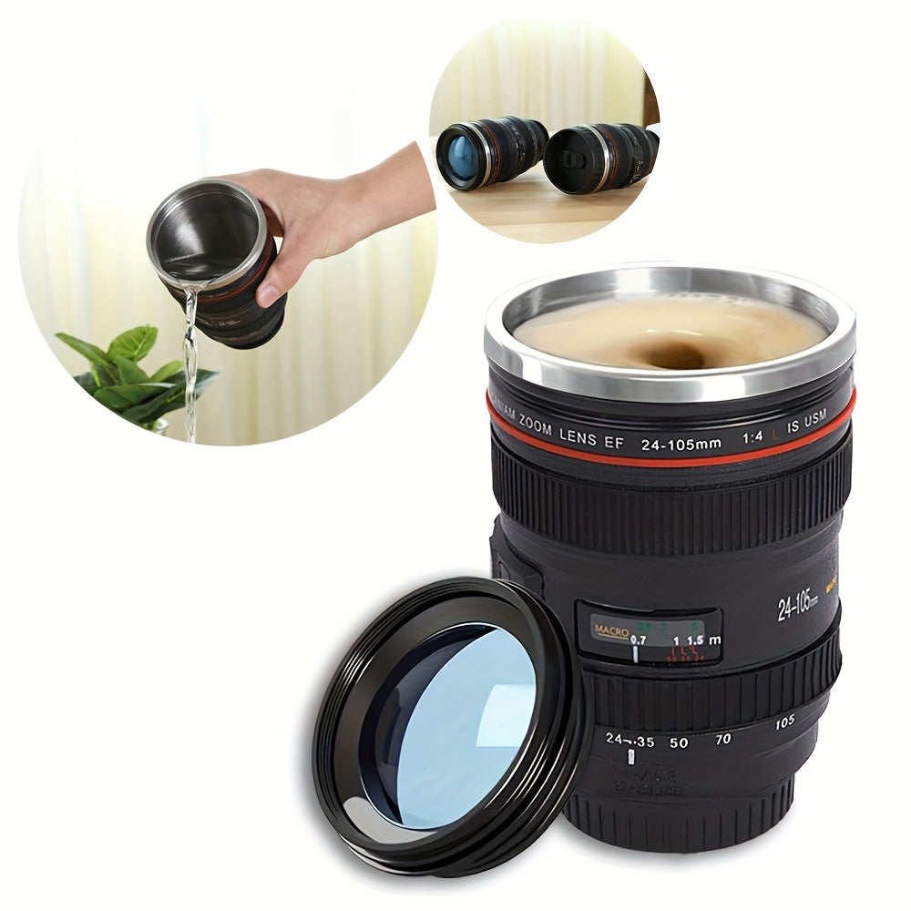 Stainless steel camera lens coffee mug with retractable lid, realistic SLR design. BPA-free ABS plastic. Ideal gift for photographers. Multipurpose travel cup. Hand wash only. Novelty drinkware.