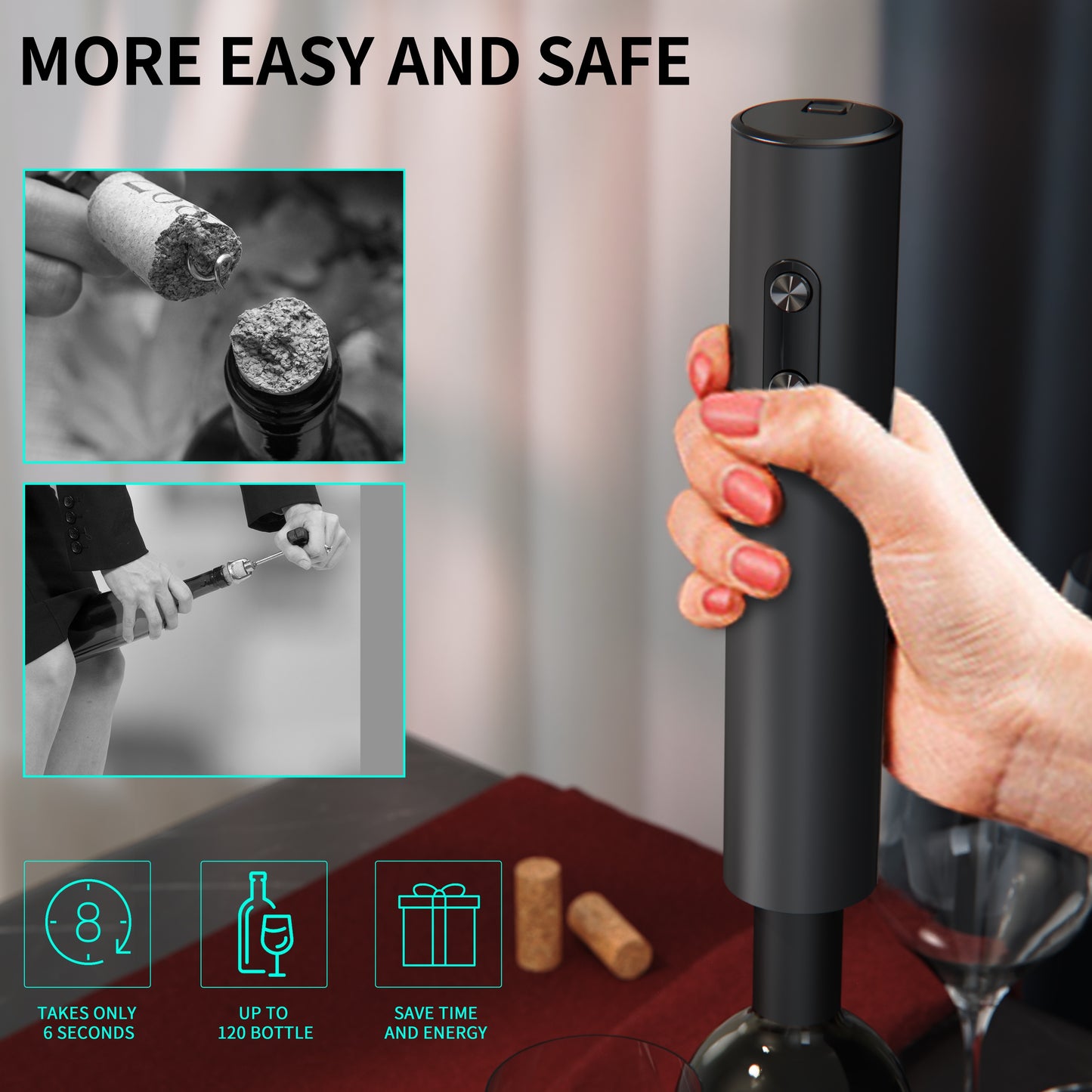 Cheer Moda Electric Wine Opener Set includes a automatic red wine bottle opener, vacuum preservation stopper, pouring accessories, and essential wine tools. 8.31cm x 7.29cm x 23.19cm in size, powered by AA batteries (not included).