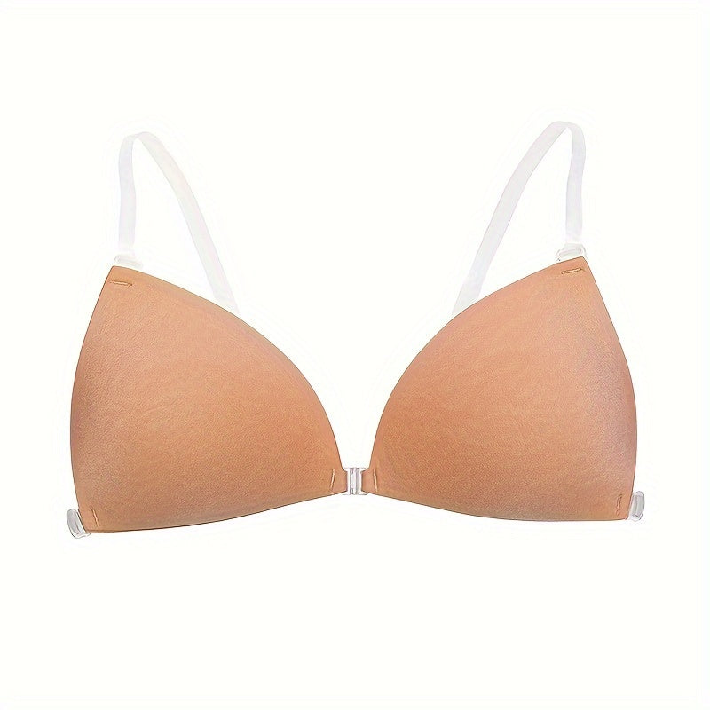 Invisible push-up bra with front buckle, silicone anti-slip stickers and transparent shoulder straps included.