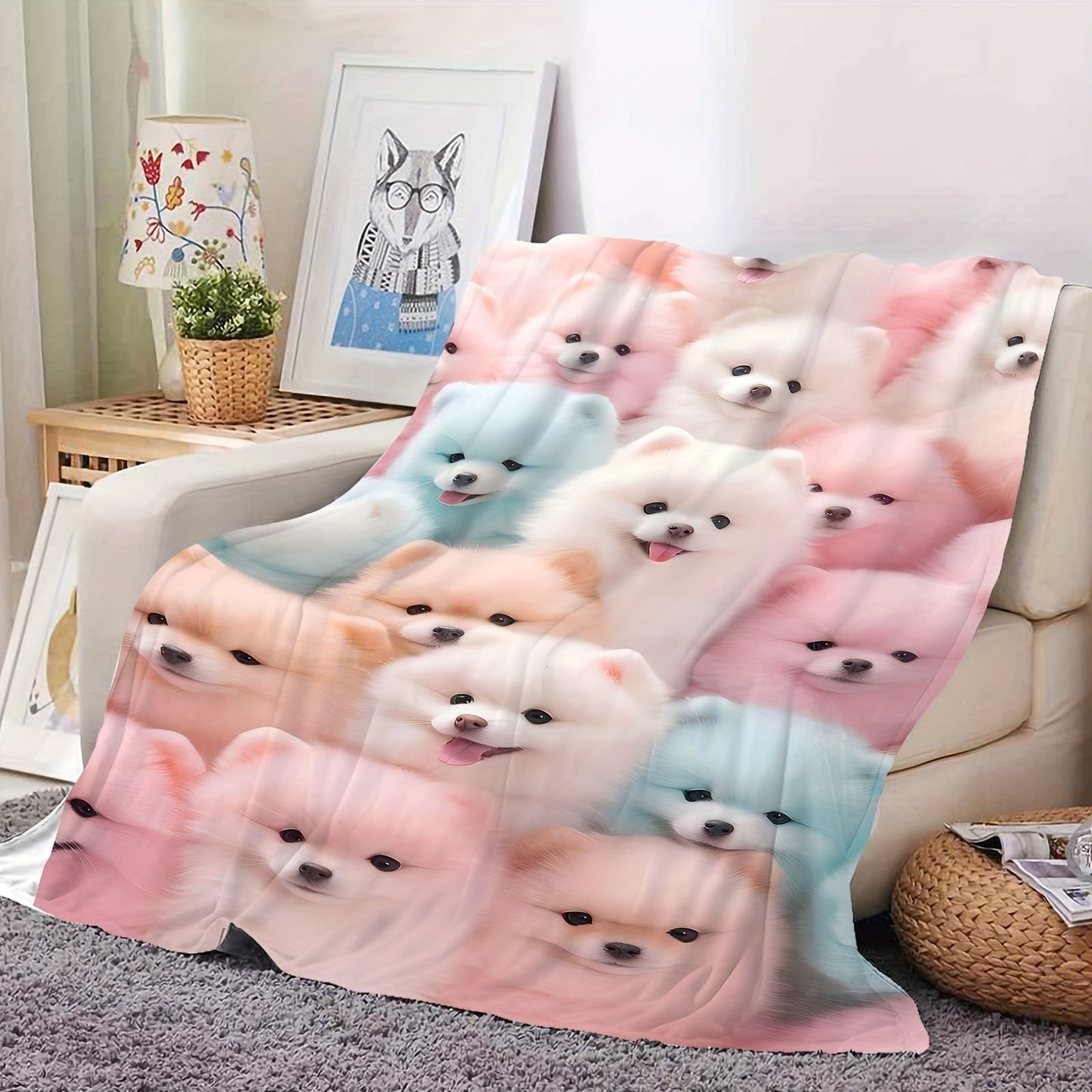 All-Season Flannel Throw Blanket featuring a Cute Pomeranian Dog Pattern - Soft, Warm, and Versatile for Sofa, Chair, Car, Office, Bedroom, Home, Travel, and Camping - High-Definition Digital Print, Contemporary Style - Polyester Material, Machine