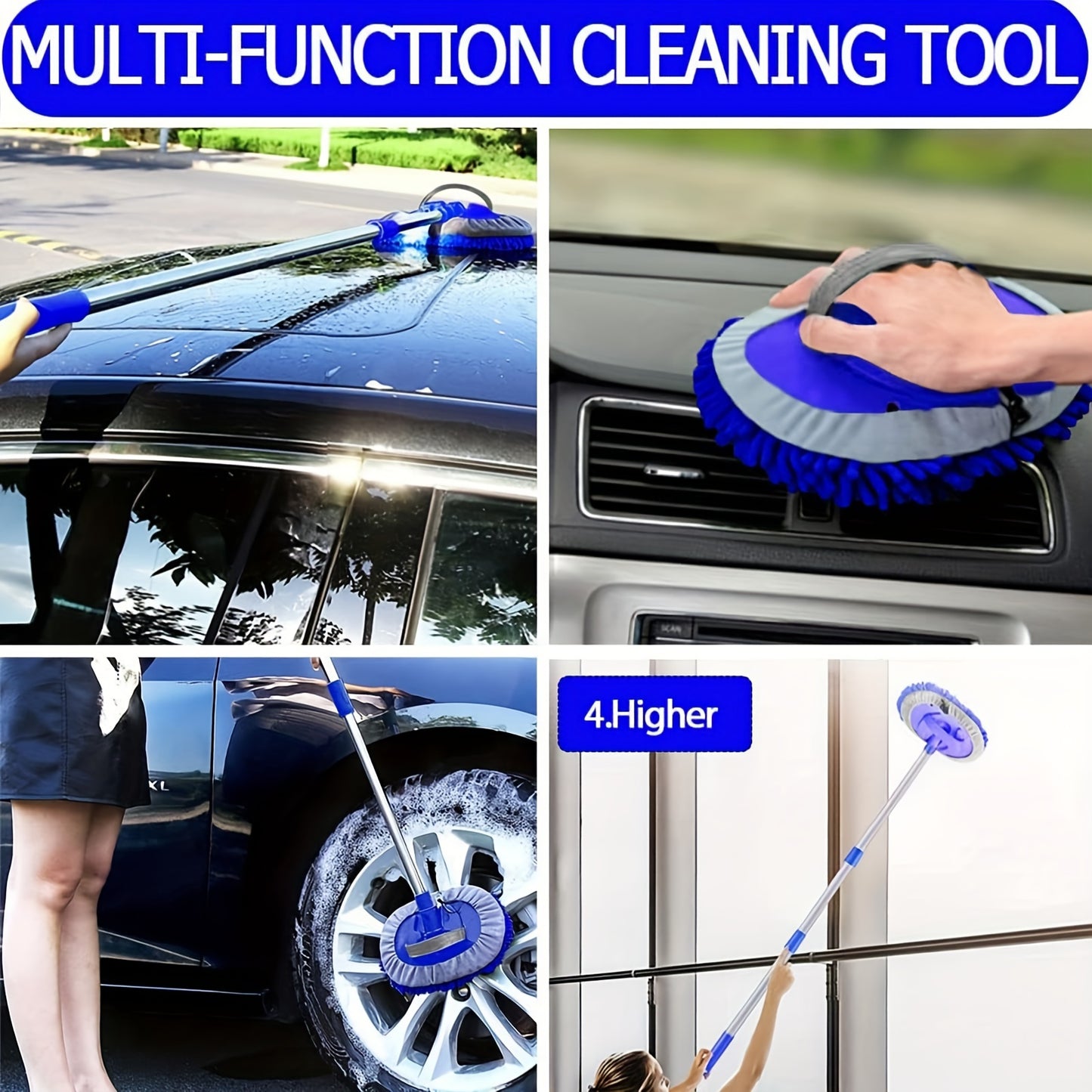 121.92cm Car wash brush mop with long handle kit for cleaning cars, trucks, SUVs, RVs, trailers, and boats. Includes 2-in-1 chenille microfiber sponge duster that is scratch-free.