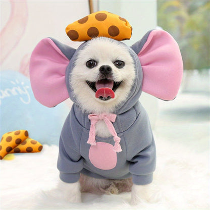 Warm winter pet hoodie with mouse theme, hand-washable polyester, ideal for small to medium breeds.