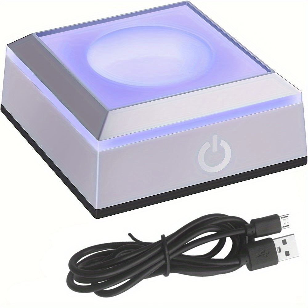 USB rechargeable LED light base for 3D crystals, touch-sensitive color-changing display, compatible with glass, acrylic, and translucent materials, includes power cable. 6.81x6.81x2.87 cm.