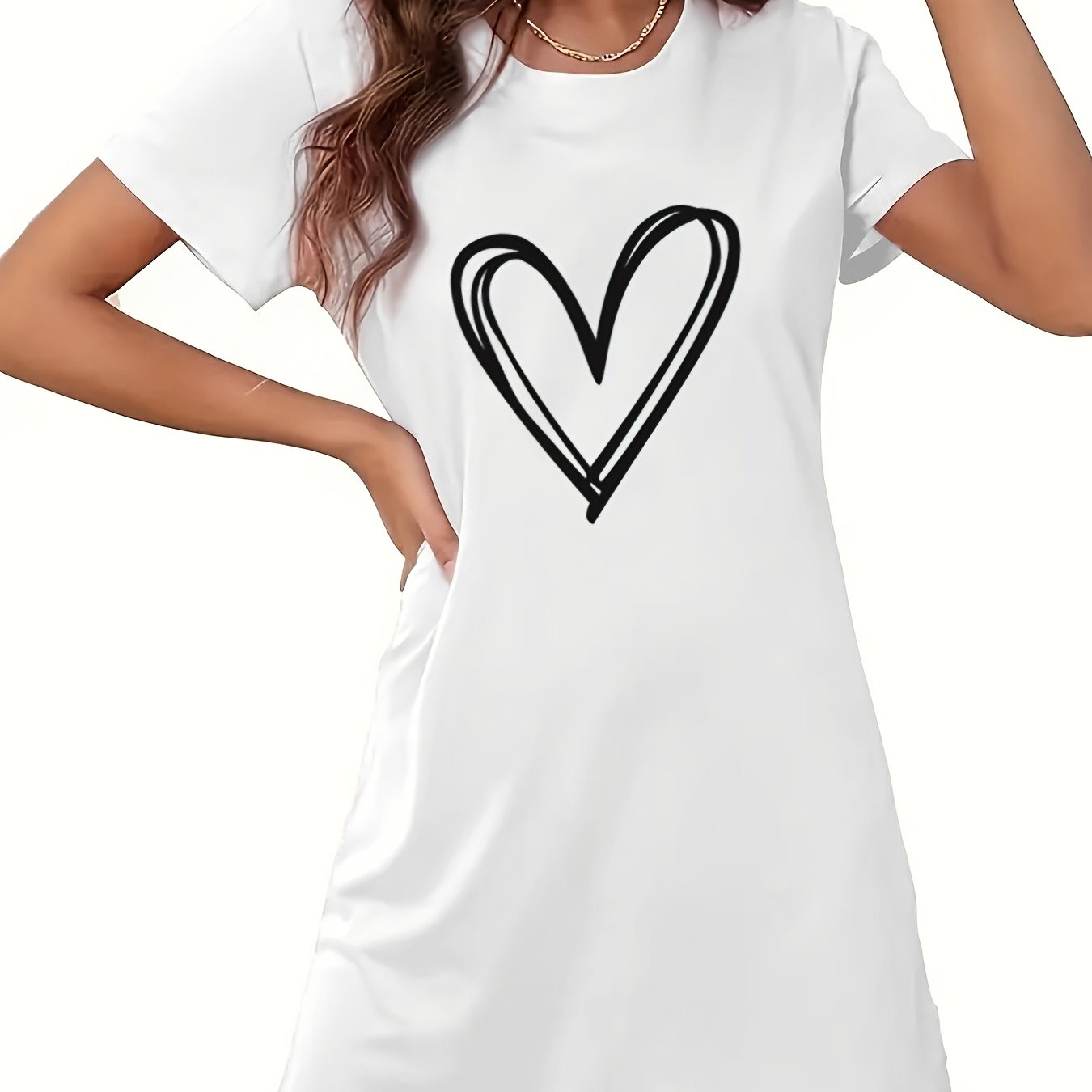 Heart Print Nightdress for Women, Short Sleeve Crew Neck Sleepwear