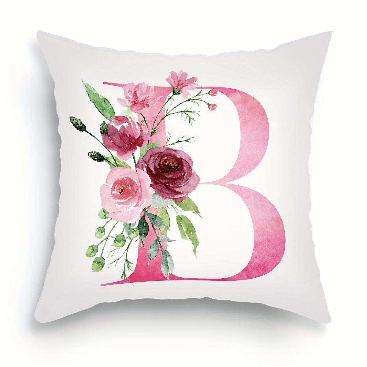 18x18 inch Alphabet Floral Pillow Cover featuring A to Z English Letters in pink print. Ideal for adding a contemporary touch to sofa, living room, or bedroom decor. Single-sided printing, insert not included.