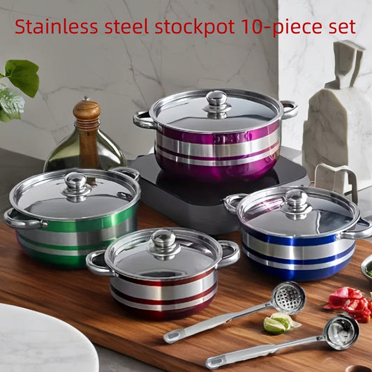 Set of 10 Stainless Steel Stockpots with Lids and Soup Ladles - Suitable for Induction Cookers, Various Sizes for Soup, Hot Pot, Noodles, and Seafood - Perfect for Home, Parties, and Camping.