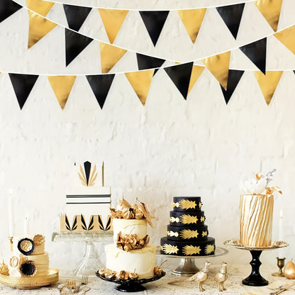 Black and golden metallic fabric bunting for parties.