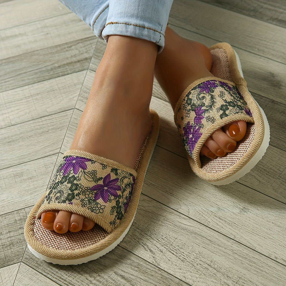 Womens Floral Linen Slippers with Soft Non-slip Sole for Home, Breathable Indoor Wear