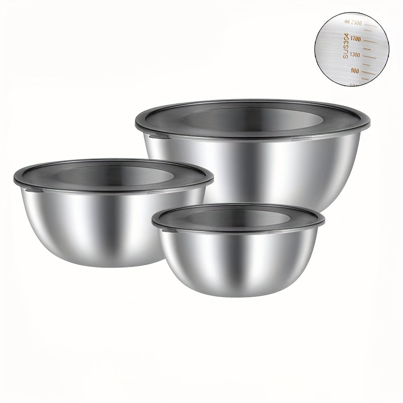 Set of 3 Stainless Steel Mixing Bowls with Lids, Ideal for Kitchen and Dining Salad Preparation, Food Storage, and Long-Lasting Home Essentials